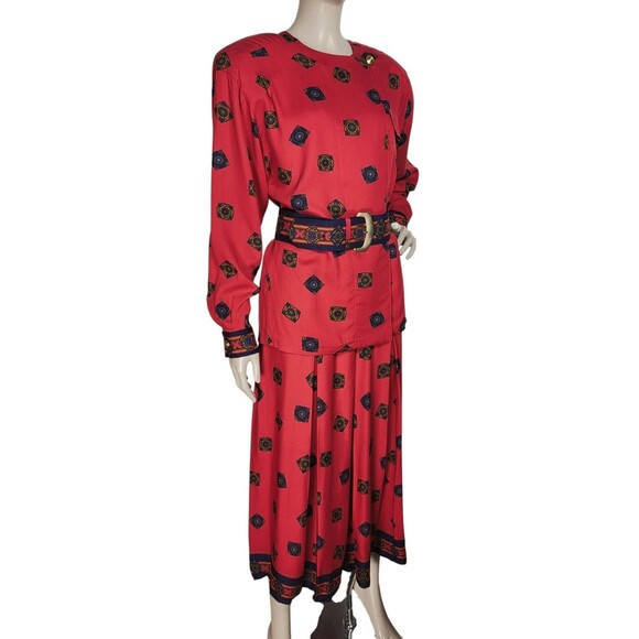 VTG 90s Liz Claiborne Medallion Print High Shoulder Skirt Blouse Belt Size 10 - Picture 2 of 13